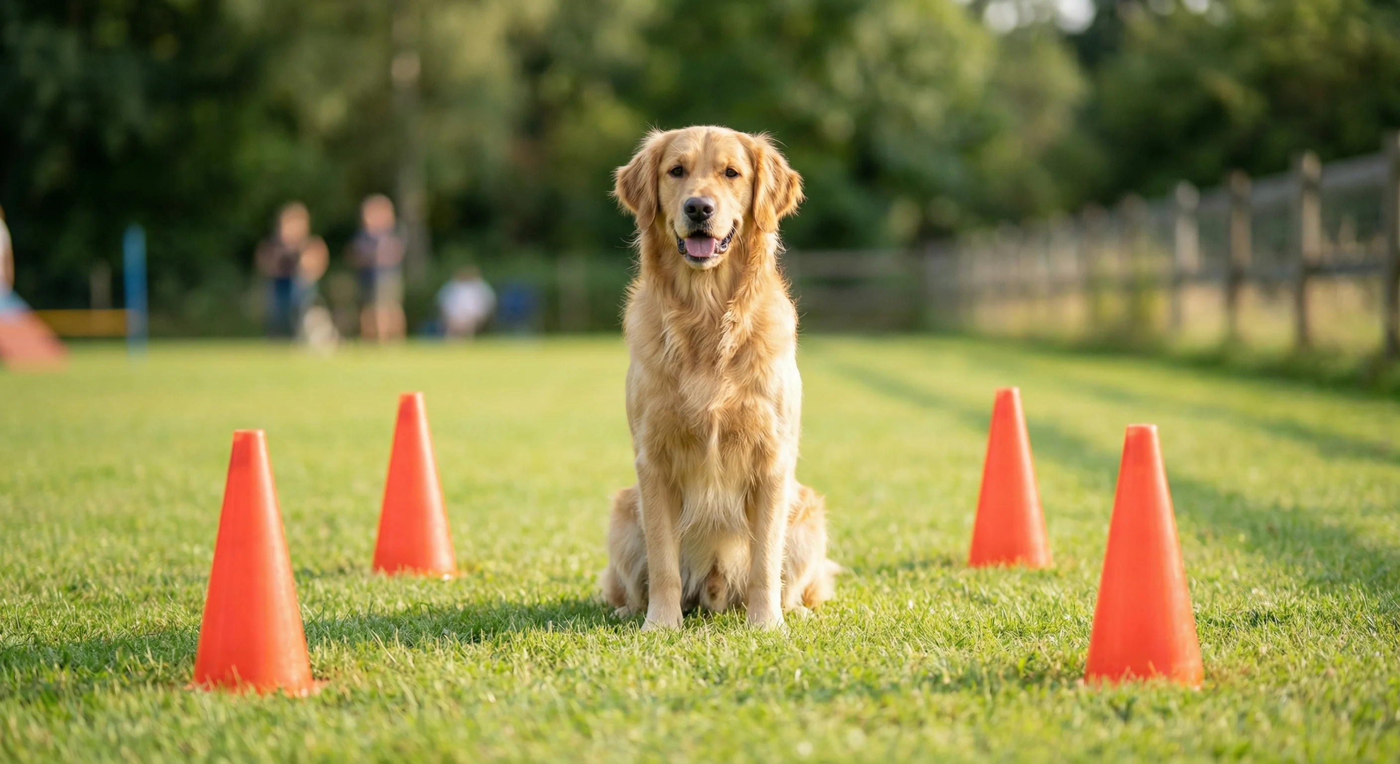 Perro en sesión de adiestramiento básico con conos
